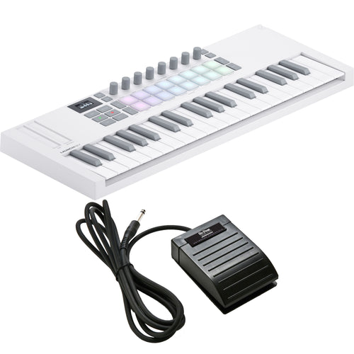 Collage showing components in Novation Launchkey Mini 37 Mk4 Keyboard Controller - White PEDAL PAK