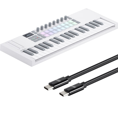 Collage showing components in Novation Launchkey Mini 37 Mk4 Keyboard Controller - White USB-C CABLE KIT