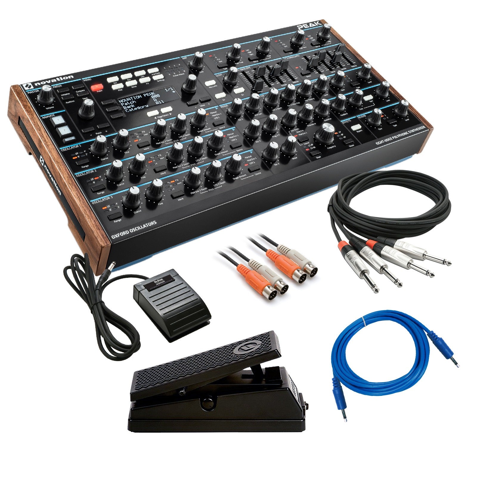 Bundle collage image of Novation Peak 8-Voice Polyphonic Desktop Synthesizer CABLE KIT bundle