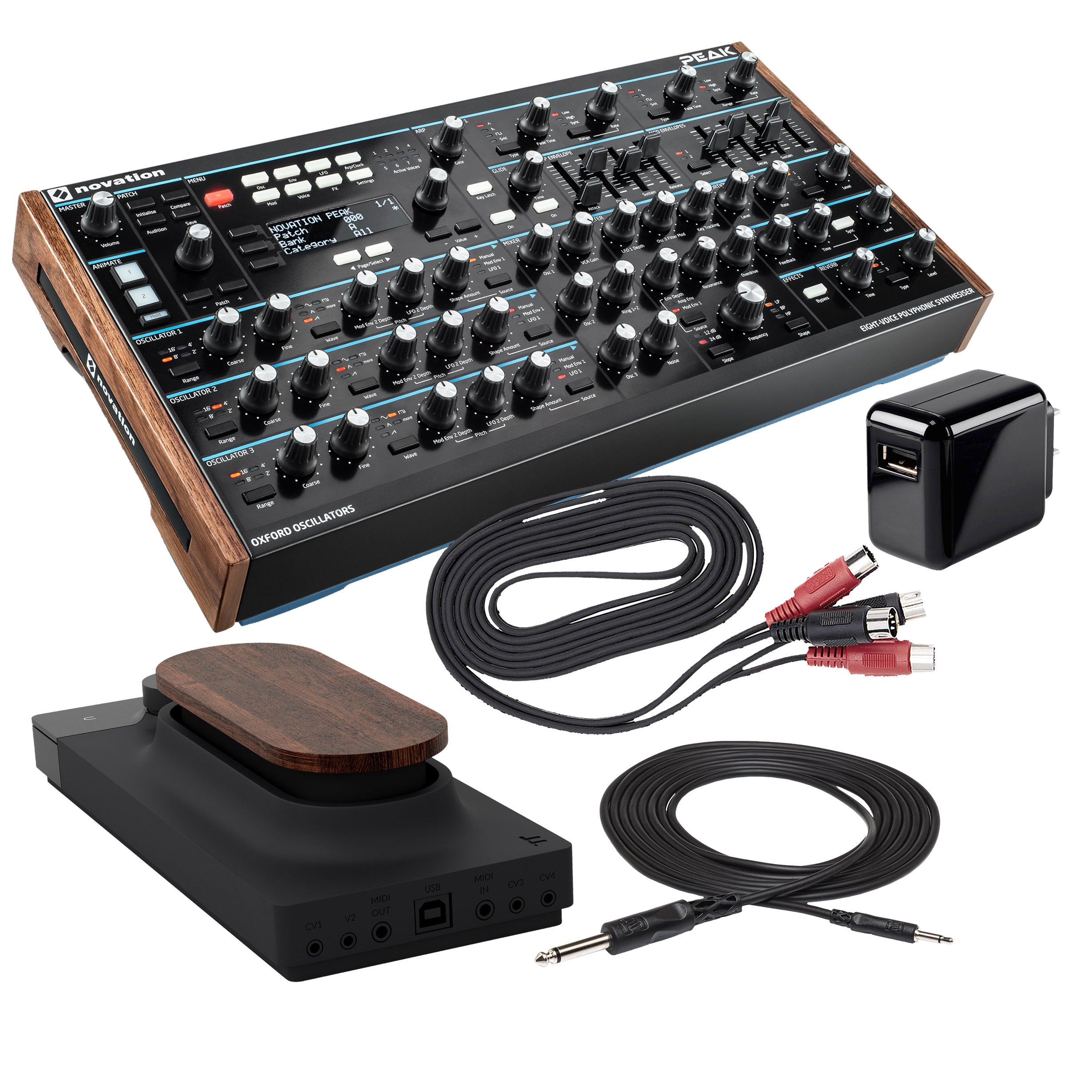 Collage showing components in Novation Peak 8-Voice Polyphonic Desktop Synthesizer TOUCHÉ KIT