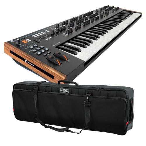 Collage of everything included in the Novation Summit 16-Voice Polyphonic Keyboard Synthesizer CARRY BAG KIT bundle