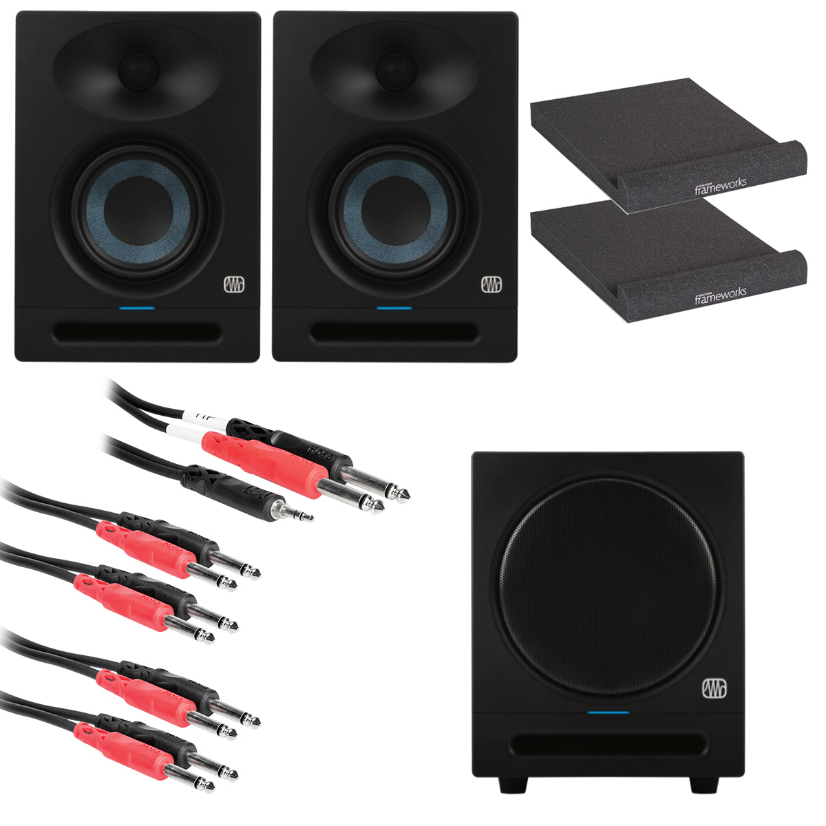 Collage image of the PreSonus Eris Studio 4 4" Active Studio Monitor with EBM Waveguide SUB PAK