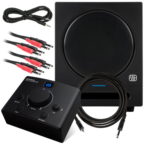 Collage of everything included in the PreSonus MicroStation BT Monitor Controller STUDIO KIT