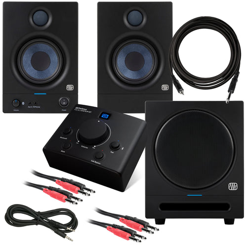 Collage of everything included in the PreSonus MicroStation BT Monitor Controller STUDIO RIG