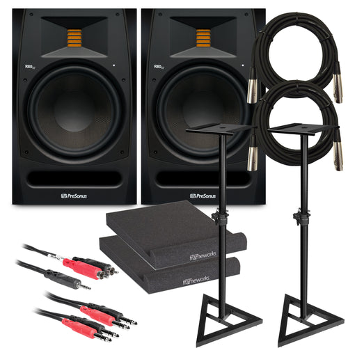 Collage image of the PreSonus R80 V2 8" Powered Studio Monitor STUDIO ESSENTIALS BUNDLE