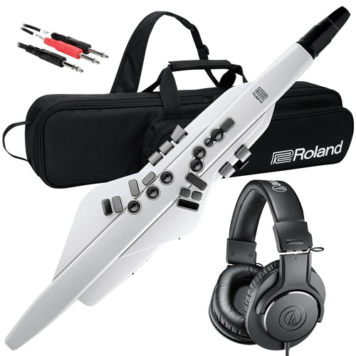 Collage showing components in Roland Aerophone AE-20W Digital Wind Instrument - White BONUS PAK