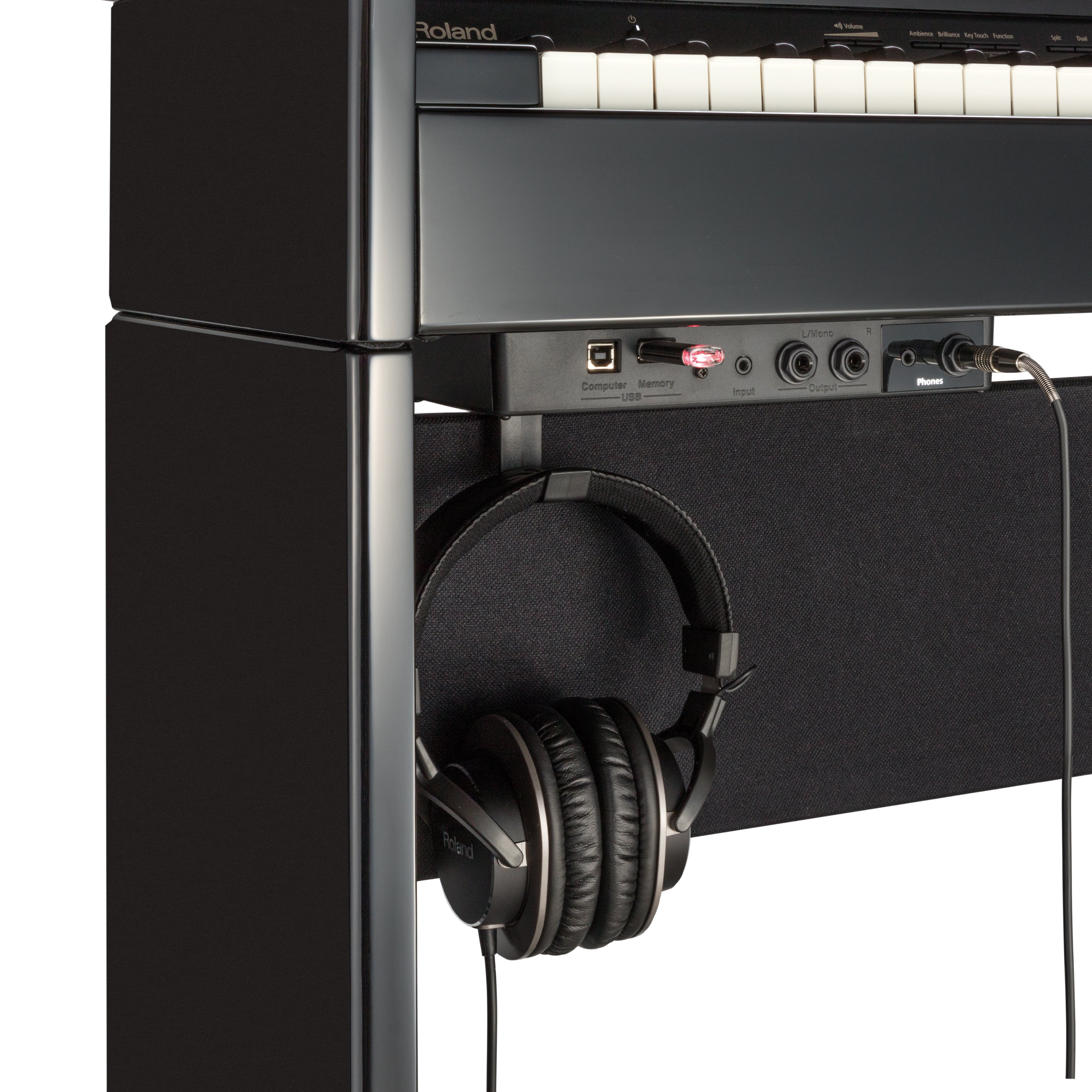 Roland DP603 Digital Piano - Contemporary Black - input and output jacks with headphone hook
