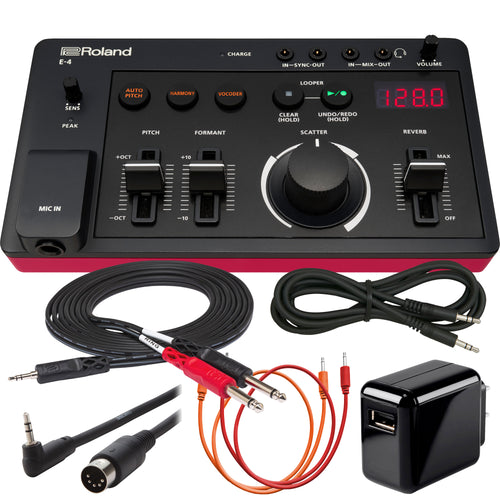 Collage showing components in Roland Aira Compact E-4 Voice Tweaker POWER & CABLE KIT