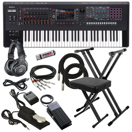 Collage showing components in Roland Fantom 6 EX Workstation Keyboard KEY ESSENTIALS BUNDLE