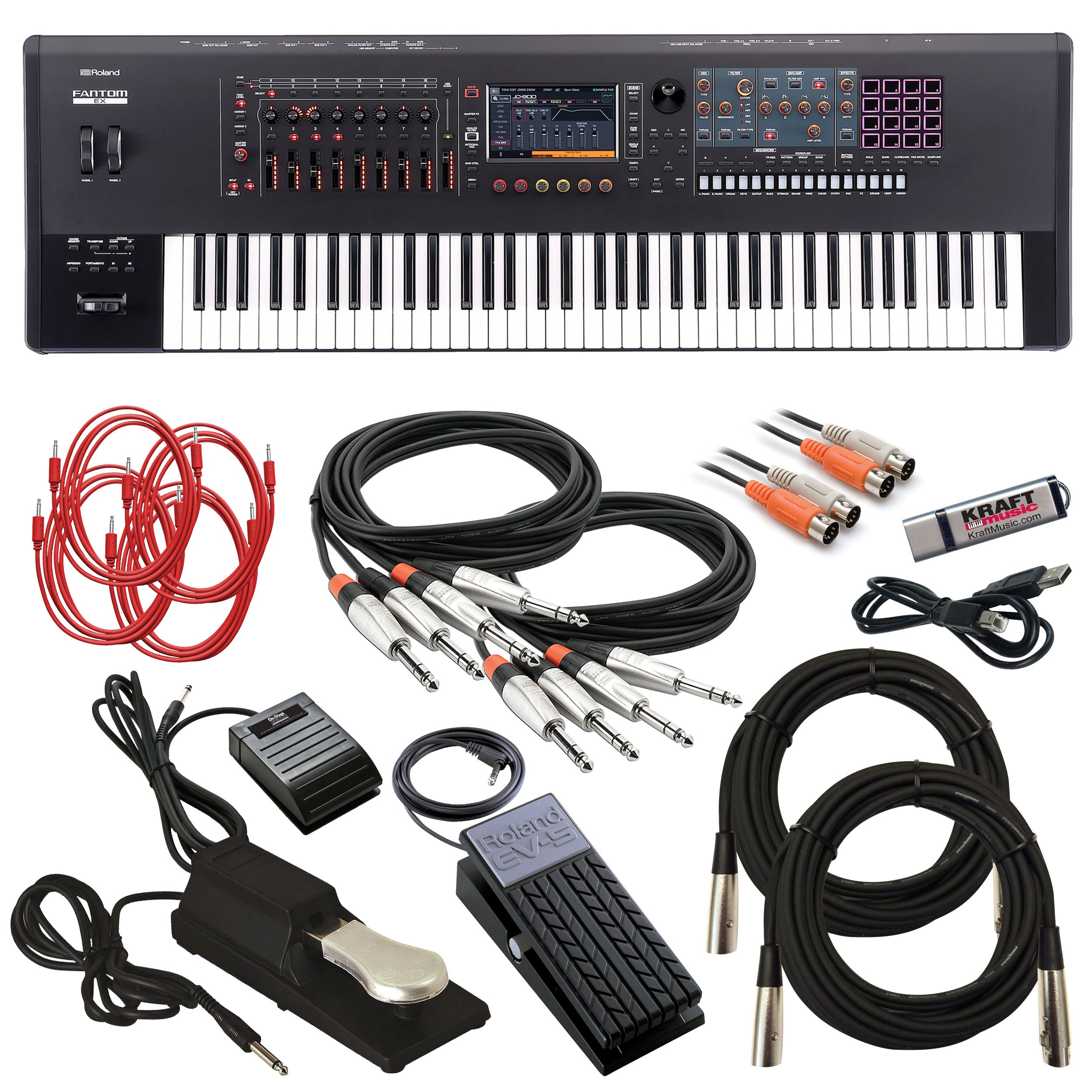 Collage showing components in Roland Fantom 7 EX Workstation Keyboard CABLE KIT