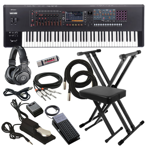 Collage showing components in Roland Fantom 7 EX Workstation Keyboard KEY ESSENTIALS BUNDLE