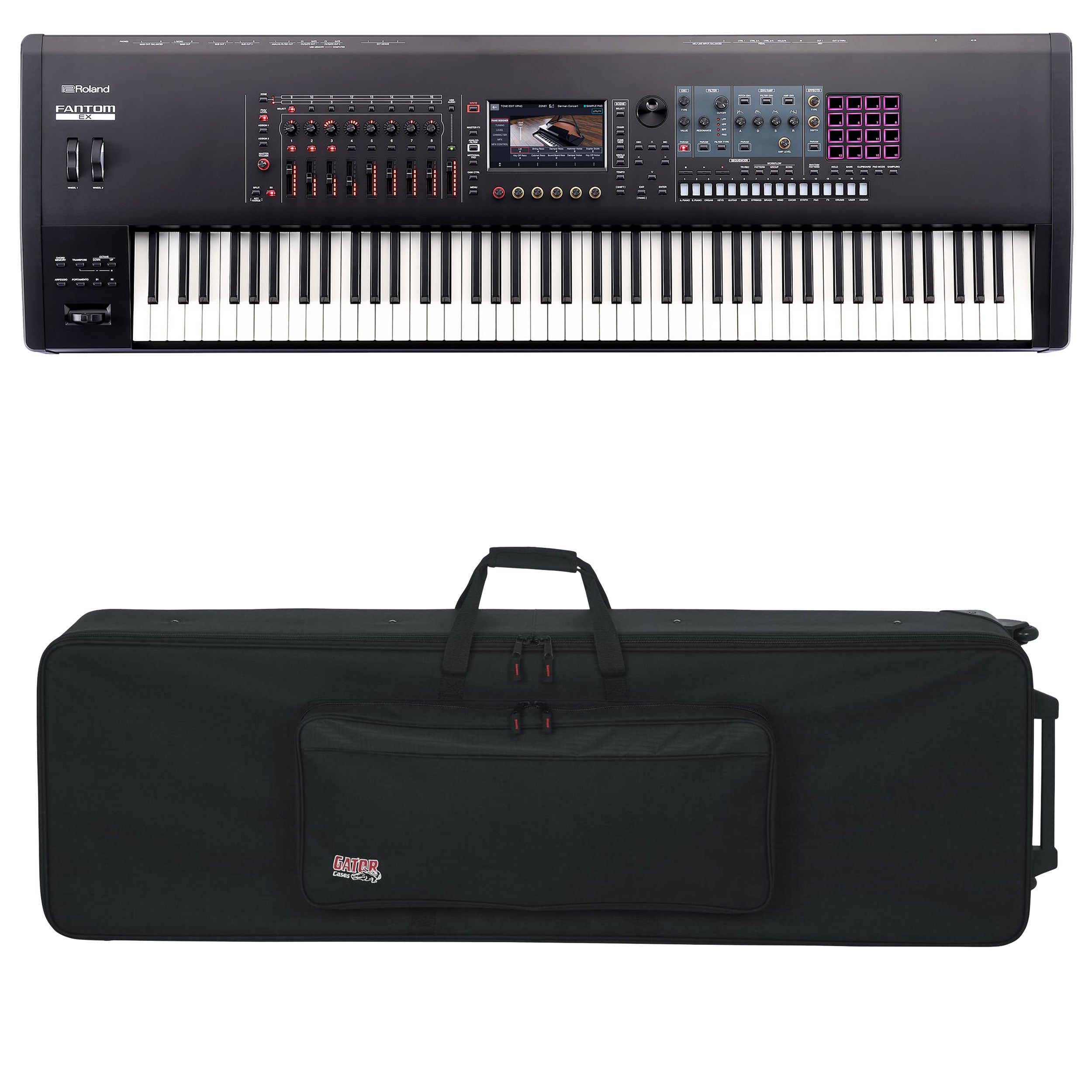 Collage showing components in Roland Fantom 8 EX Workstation Keyboard CARRY BAG KIT