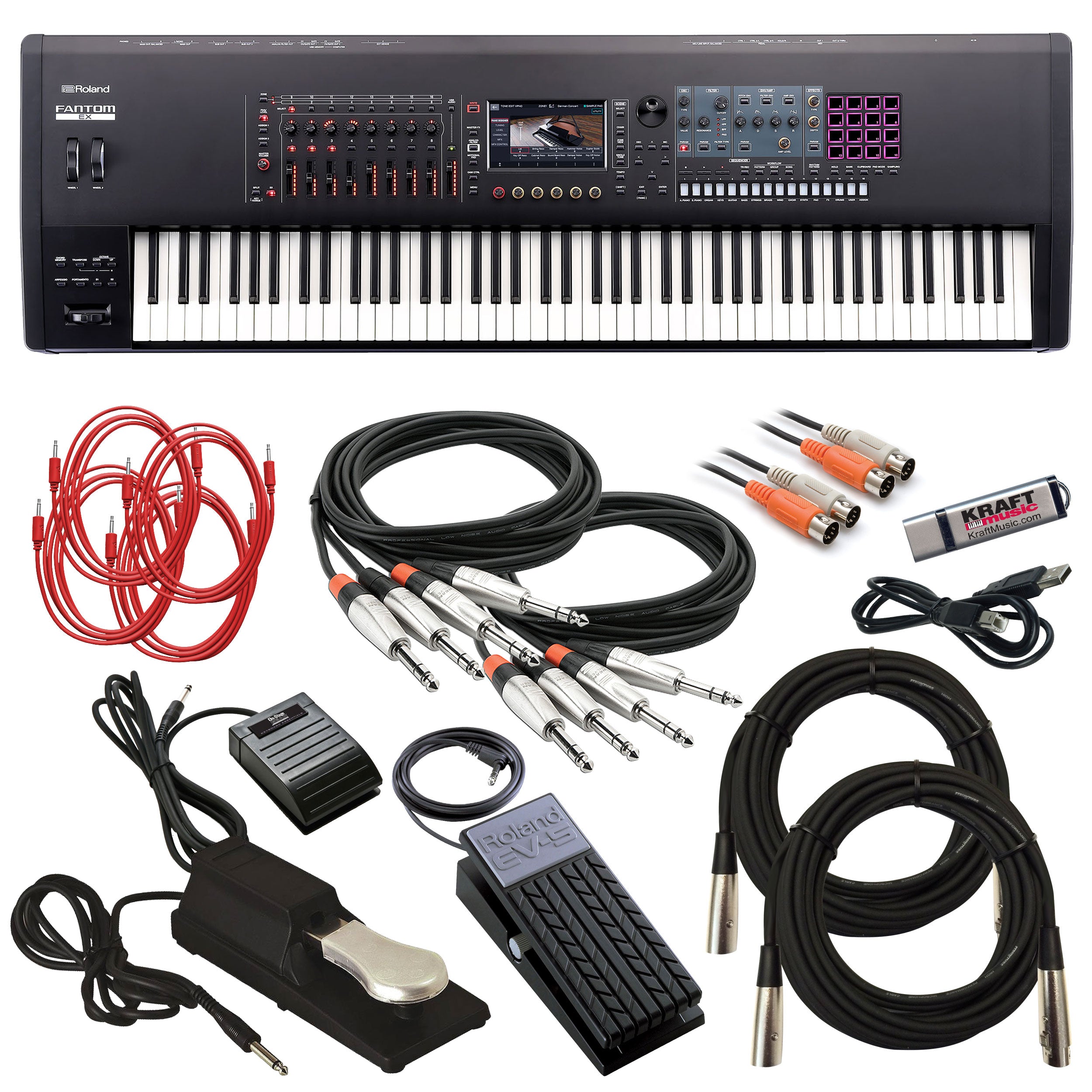 Collage showing components in Roland Fantom 8 EX Workstation Keyboard CABLE KIT