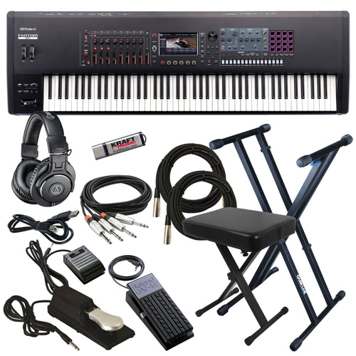 Collage showing components in Roland Fantom 8 EX Workstation Keyboard KEY ESSENTIALS BUNDLE