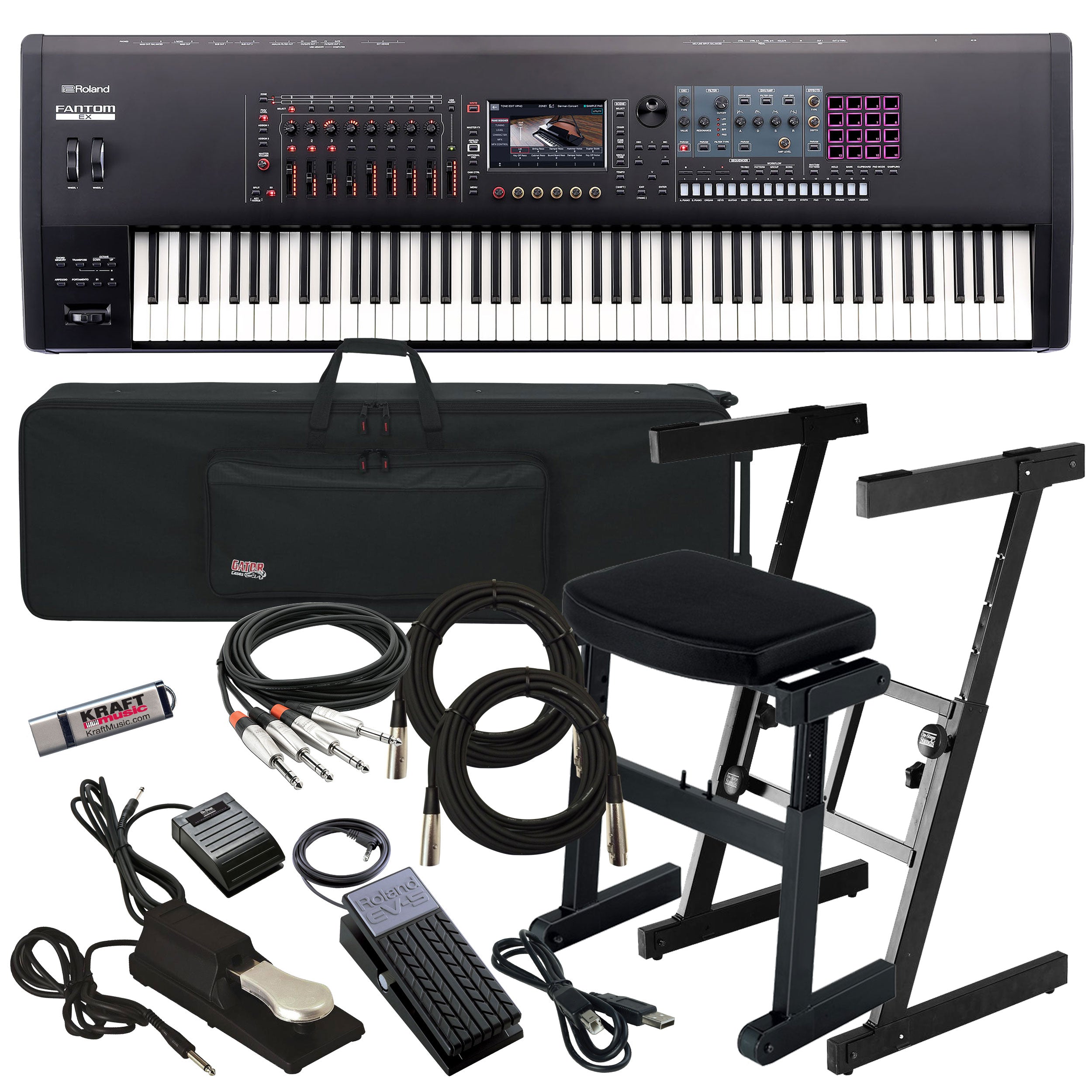 Collage showing components in Roland Fantom 8 EX Workstation Keyboard STAGE RIG