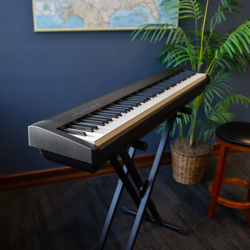 Roland FP-30X Digital Piano - Black on a stand against a blue wall with a plant and map in the background