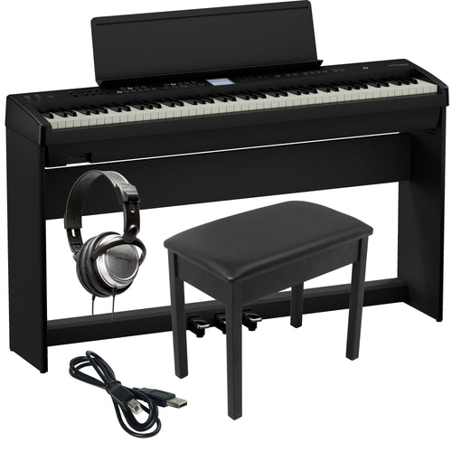 Collage of items included in the Roland FP-E50 Digital Piano COMPLETE HOME BUNDLE