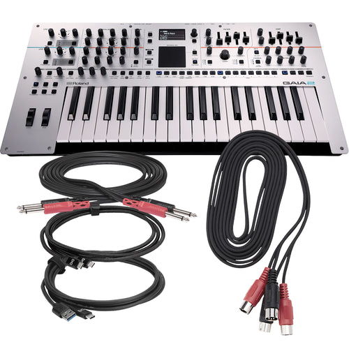 collage of items include in the Roland Gaia 2 Keyboard Synthesizer CABLE KIT