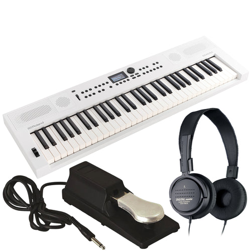 Collage of everything included in the Roland GoKeys 5 Music Creation Keyboard - White BONUS PAK