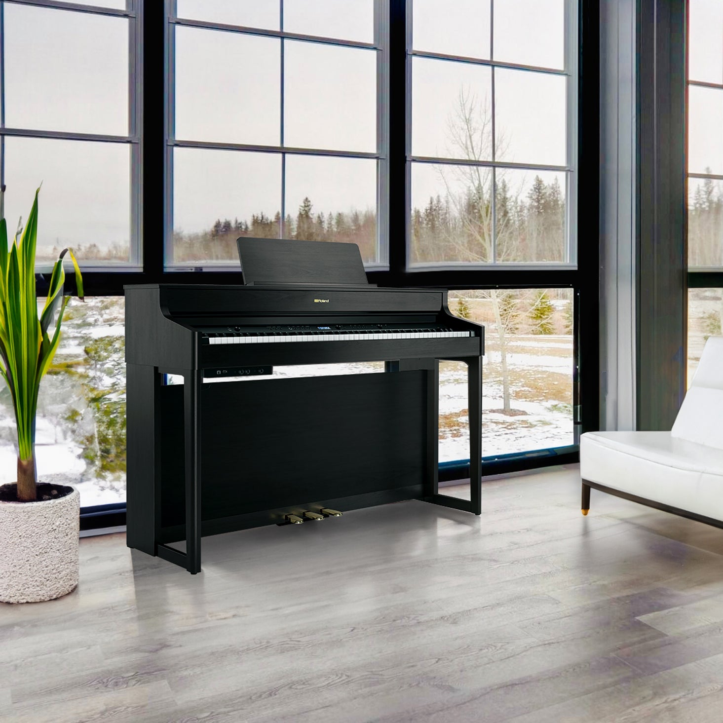 Roland HP702 Digital Piano - Charcoal Black in a stylish living space