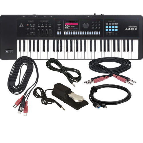 Collage showing components in Roland Juno-D6 61-Key Synthesizer CABLE KIT