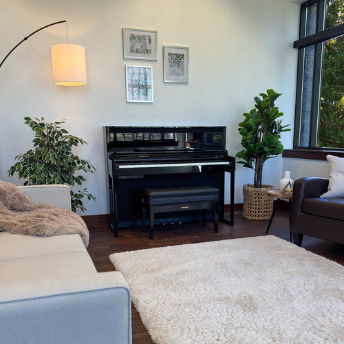 Roland LX-6 Digital Piano with Bench - Polished Ebony - in a stylish living space view 2