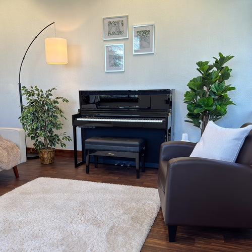 Roland LX-6 Digital Piano with Bench - Polished Ebony - in a stylish living space view 9