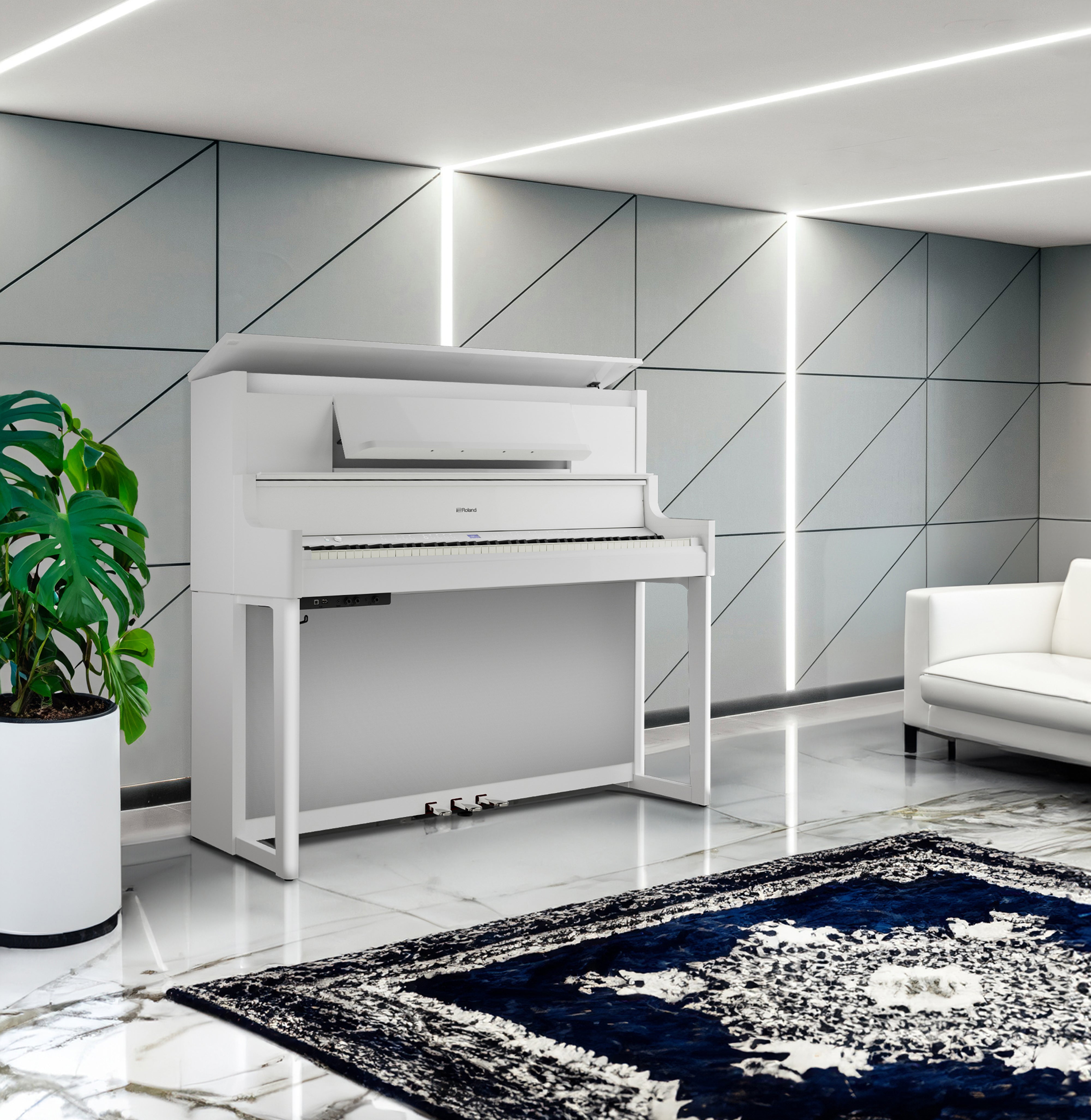 Roland LX-9 Digital Piano with Bench - Polished White - in a bright modern lobby