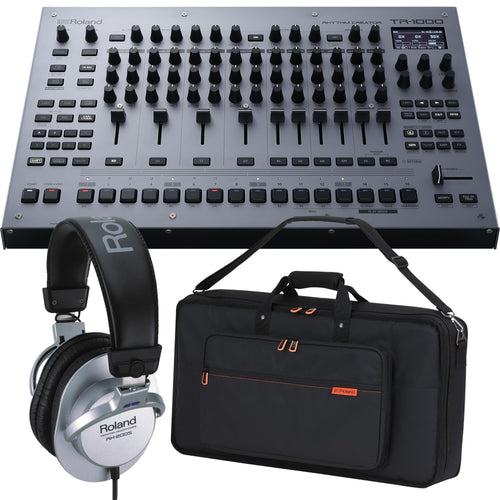 Collage showing components in Roland TR-1000 Rhythm Creator TRAVEL KIT