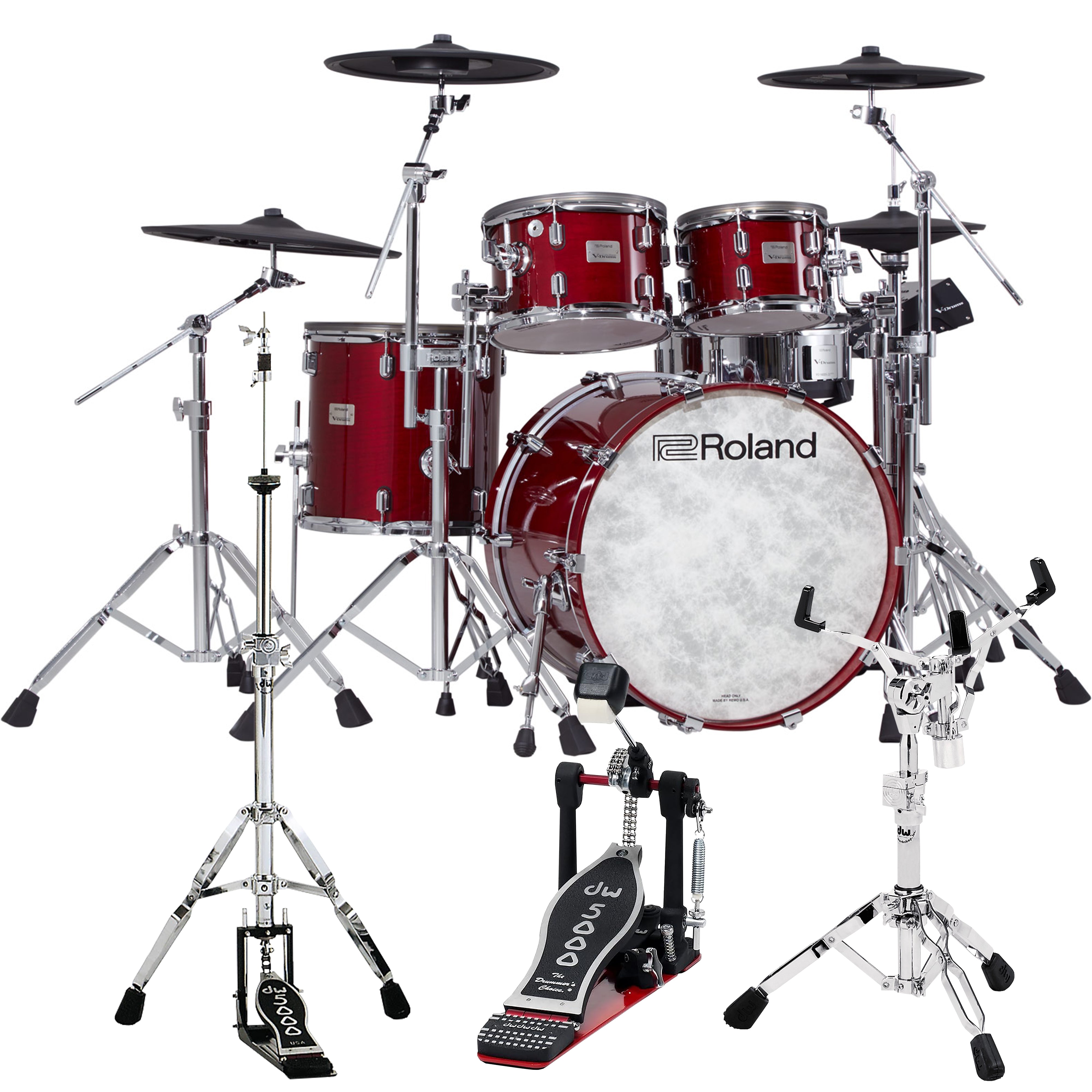 Perspective view of Roland VAD706 V-Drums Acoustic Design 5pc Electronic Drum Set - Gloss Cherry showing front and left side with DW 5000 series hi-hat and snare stands and pedal