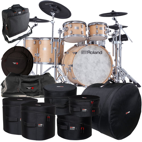 Collage of items included in the Roland VAD-716 V-Drums Electronic Drum Set - Gloss Natural CARRY BAG KIT