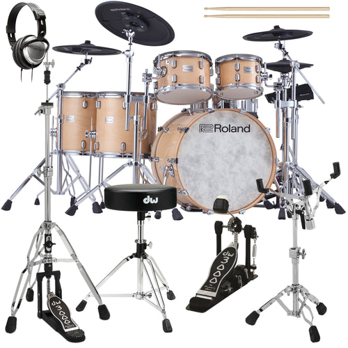 Collage of items included in the Roland VAD-716 V-Drums Electronic Drum Set - Gloss Natural DRUM ESSENTIALS BUNDLE