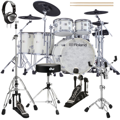 Collage of items included in the Roland VAD-716 V-Drums Electronic Drum Set - Pearl White DRUM ESSENTIALS BUNDLE