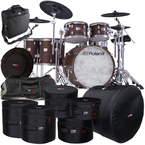 Collage of items included in the Roland VAD-716 V-Drums Electronic Drum Set - Satin Walnut CARRY BAG KIT