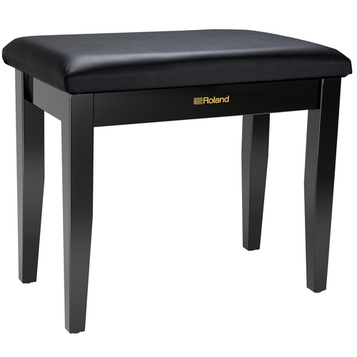 Black piano bench with a gold roland logo on a white background