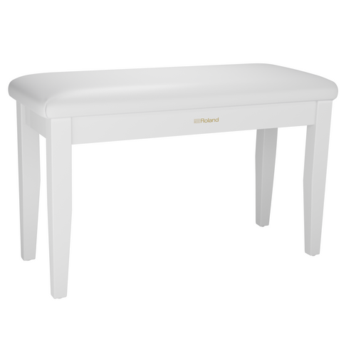 glossy white piano bench with a gold roland logo on a white background