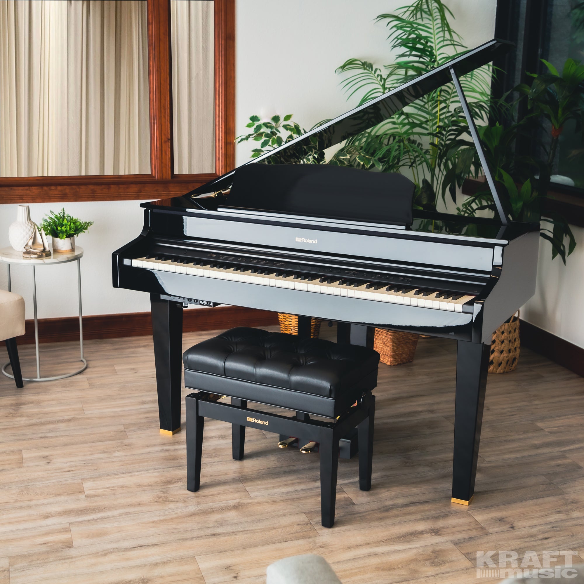 Roland GP607 Digital Grand Piano - Polished Ebony - left angle in a stylish music room