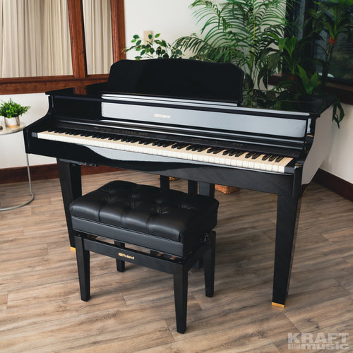 Roland GP607 Digital Grand Piano - Polished Ebony - lid closed in a music room
