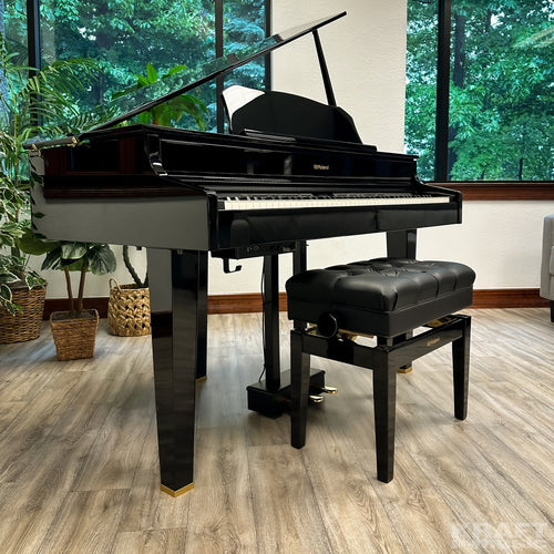 Roland GP607 Digital Grand Piano - Polished Ebony - right angle in a stylish music room