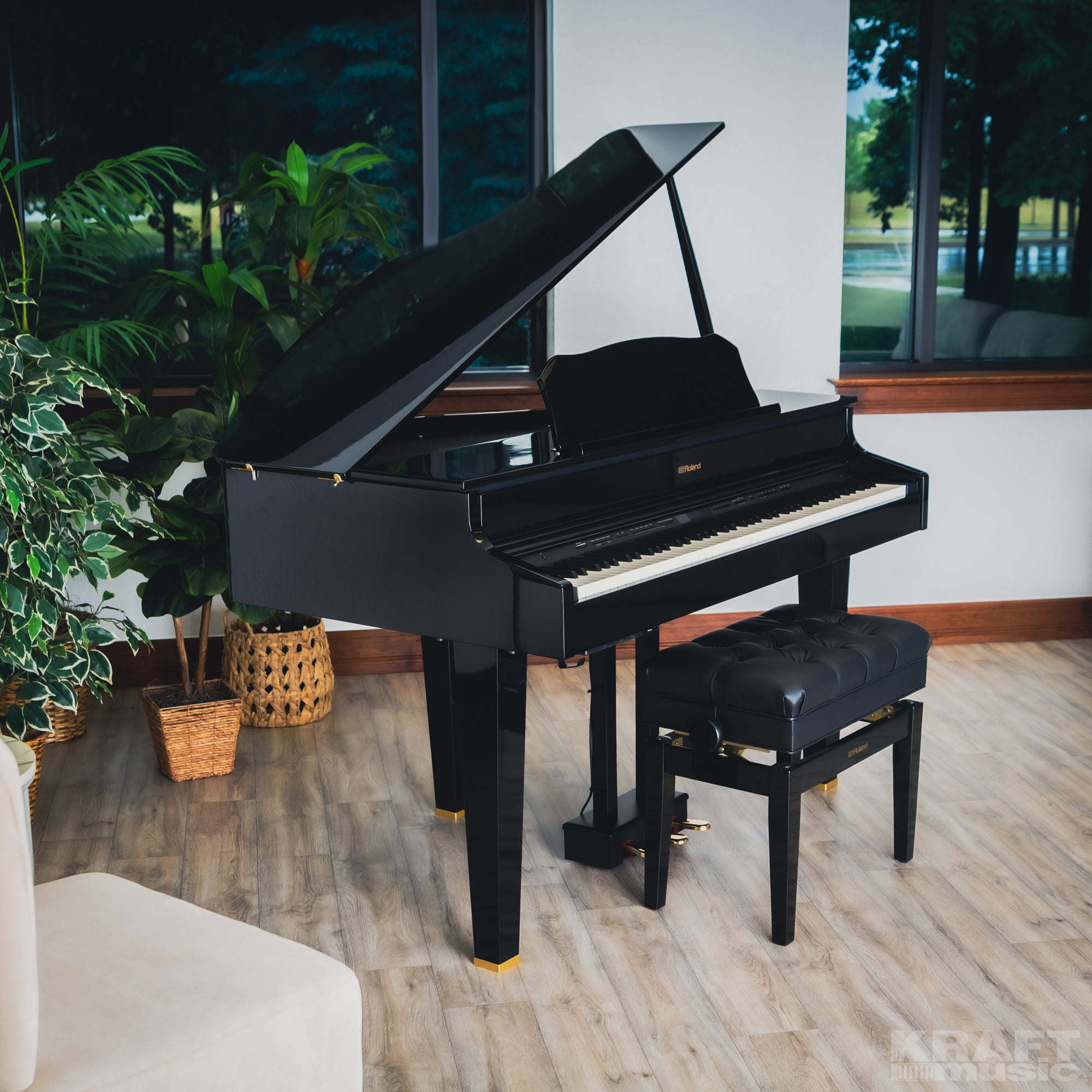 Roland GP607 Digital Grand Piano - Polished Ebony - right view in a stylish music room