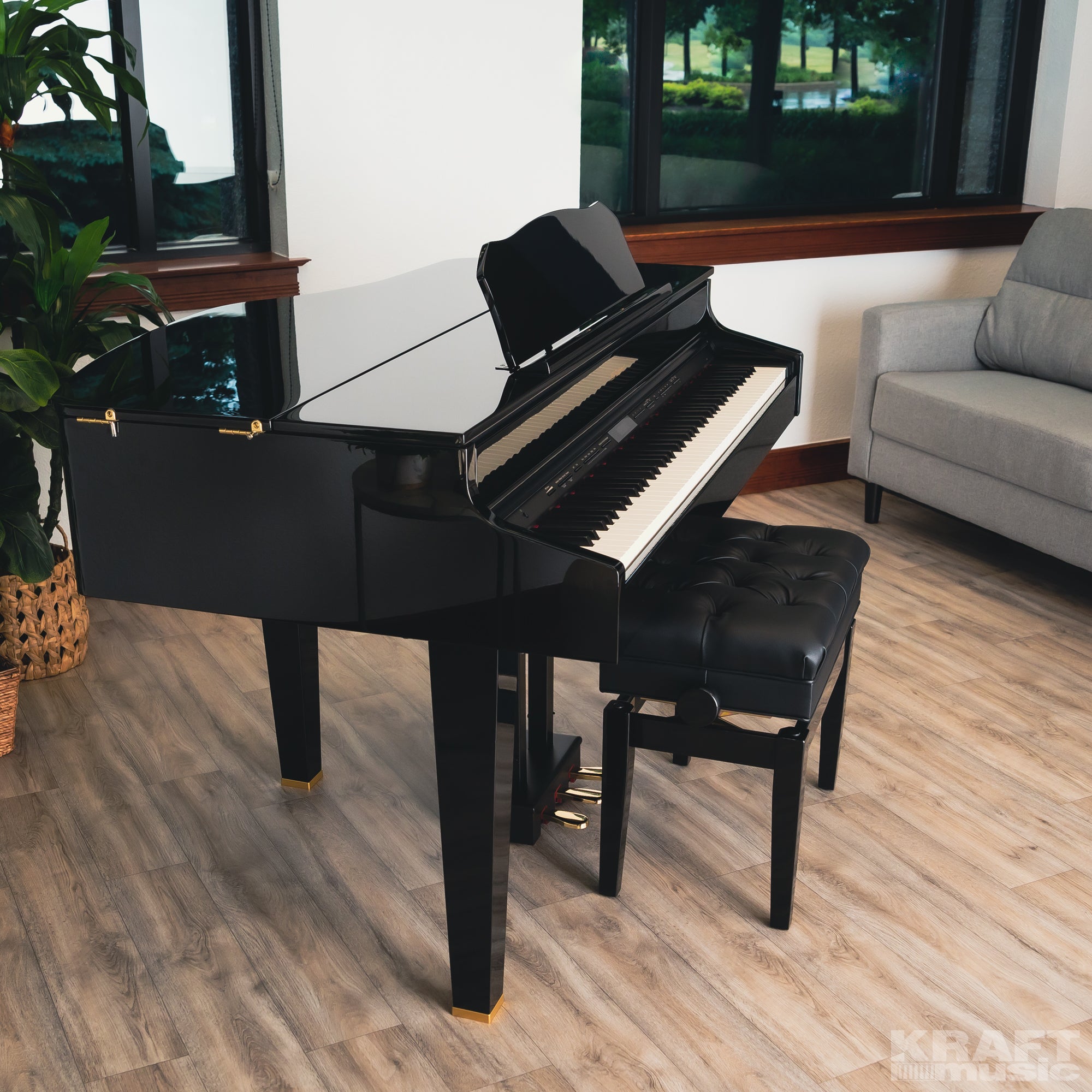 Roland GP607 Digital Grand Piano - Polished Ebony - right angle with lid closed in a stylish music room