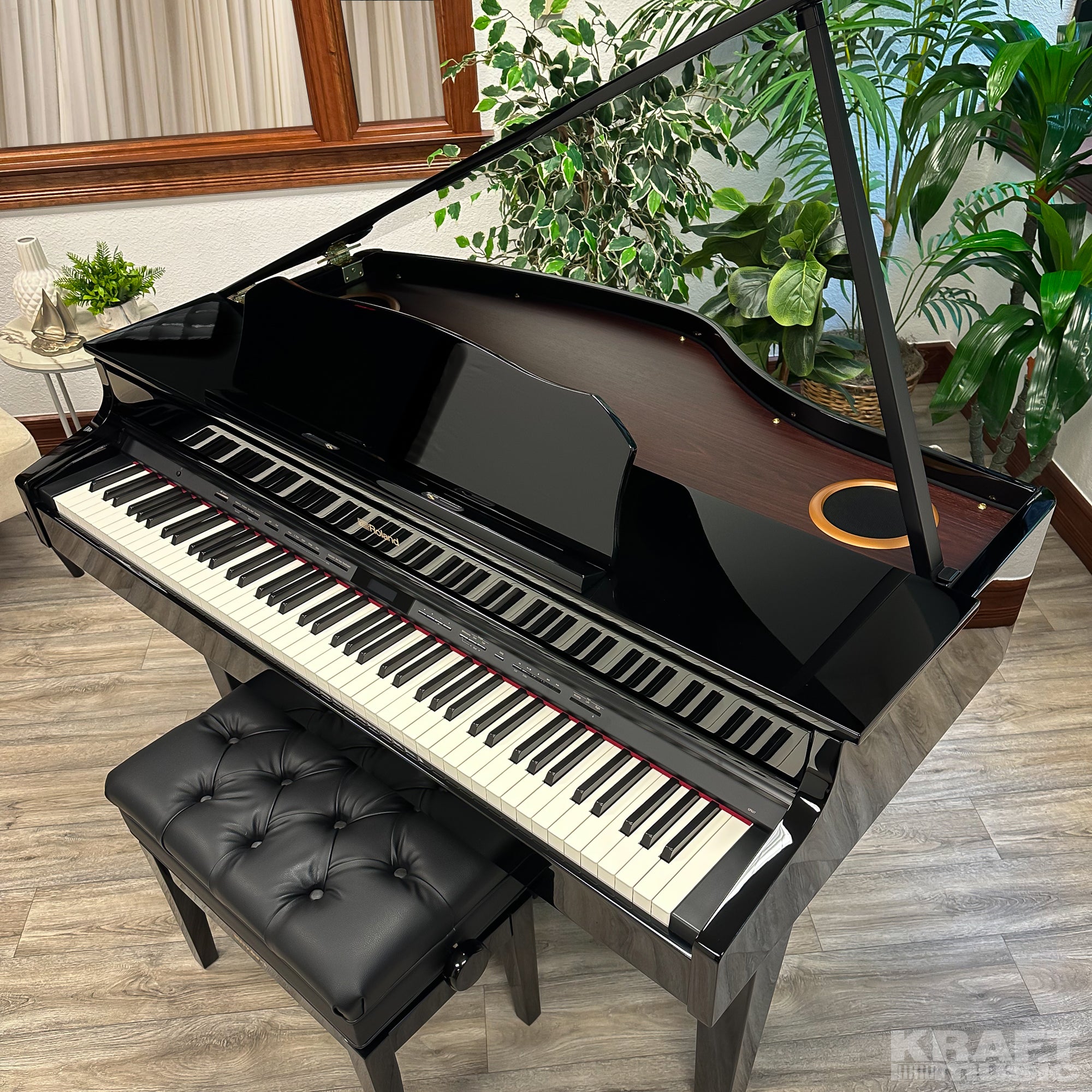 Roland GP607 Digital Grand Piano - Polished Ebony - left angle from above