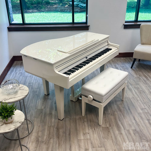 Roland GP-6 Digital Grand Piano - Polished White - right angle from above with lid closed and music rest down