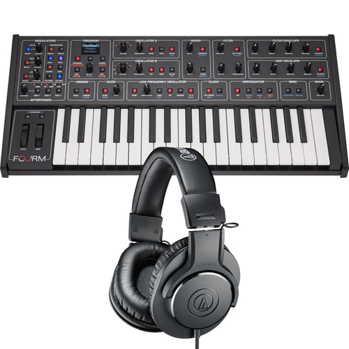 Collage showing components in Sequential Fourm 4-Voice Polyphonic Analog Synthesizer STUDIO KIT