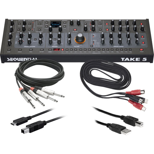 Collage showing components in Sequential Take-5 Desktop Module 5-Voice Polyphonic Synthesizer CABLE KIT