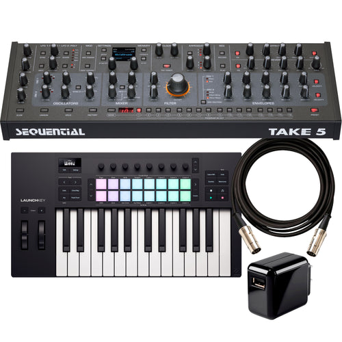 Collage showing components in Sequential Take-5 Desktop Module 5-Voice Polyphonic Synthesizer CONTROLLER RIG
