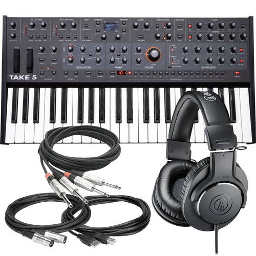Bundle collage showing components in Sequential Take 5 Compact 5-Voice Polyphonic Synthesizer STUDIO KIT bundle