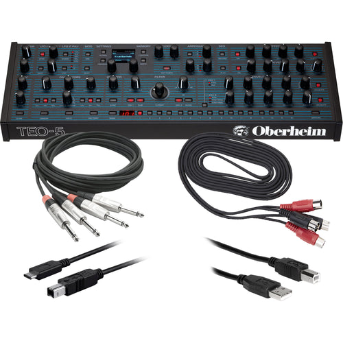 Collage showing components in Oberheim TEO-5 Desktop Module 5-Voice Polyphonic Synthesizer CABLE KIT