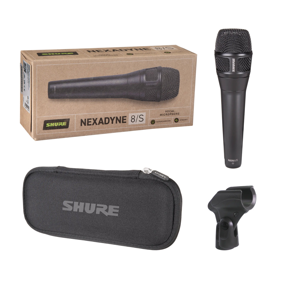 Shure NXN8/S Dynamic Super Cardiod Microphone shown with everything included