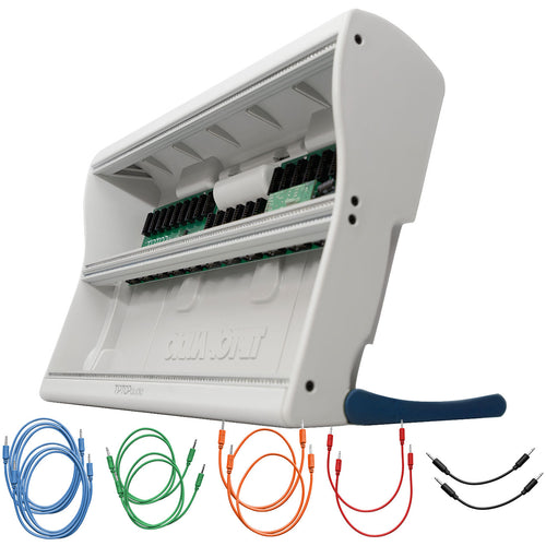 Collage showing components in Tiptop Audio Mantis Eurorack Modular Synthesizer Case - Blue CABLE KIT